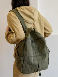 Grand sac à dos en toile vert olive, sac à dos décontracté minimaliste et élégant.