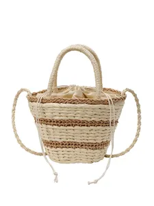 Sac seau en paille tressée rétro pour femme, sac à main bandoulière chic et élégant.