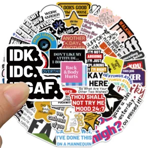 Detailed view of funny quote waterproof vinyl stickers pack for luggage laptop skateboard.