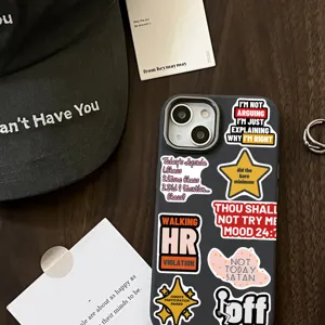 Detailed view of funny sarcastic quote stickers applied on a dark phone case for DIY decor.