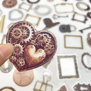 Stickers PET coeur engrenage steampunk retro, autocollants decoratifs DIY pour carnet.