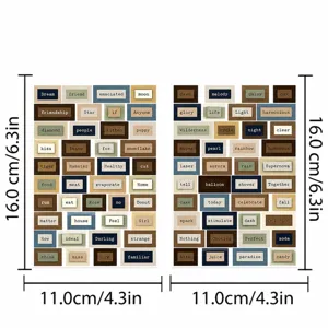 Vintage English text stickers size chart, measuring 16x11cm, perfect for laptop and luggage decor.