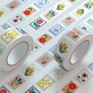 Vintage floral stamp washi tape rolls, decorative waterproof sticker stationery for journaling crafts.