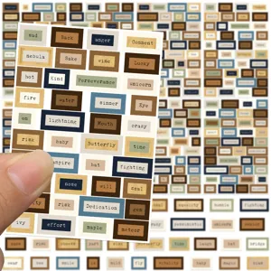 Retro English word sticker sheet detail view for luggage and laptop daily decoration.
