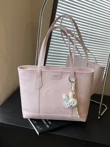 Minimalist Large Capacity PU Leather Tote Bag For Women Casual Commuter Shoulder Bag With Cute Rabbit Pendant