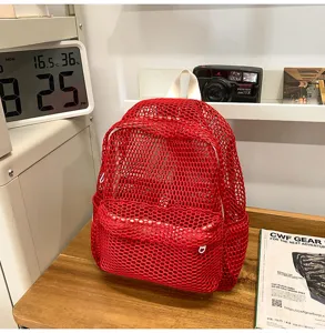 Red mesh backpack for women summer beach lightweight travel breathable casual bookbag