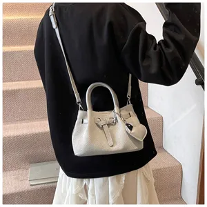 Women stylish grey shoulder handbag bucket bag with heart pendant trendy design daily use