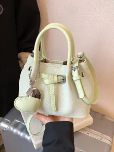 Women Fashion Woven PU Leather Bucket Bag Casual Small Crossbody Handbag With Heart Pendant Top Handle Satchel Bag