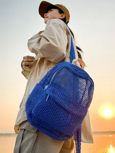 Women blue mesh beach backpack lightweight breathable summer travel casual daypack.