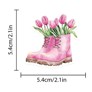 Close-up detail of the pink boots and tulips waterproof sticker showing precise dimensions.