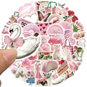 Cute pink aesthetic stickers pack, waterproof DIY vinyl decals for laptop water bottle guitar.