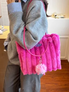 Stylish pink plush tote bag for women, large capacity fluffy shoulder handbag for daily.