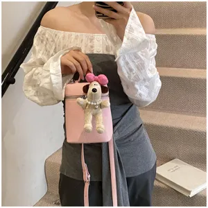 Fashion women pink crossbody mini bag with cute puppy plush keychain casual shoulder handbag