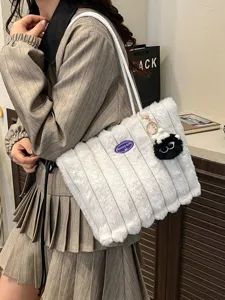 Winter plush tote bag for women, large capacity fluffy shoulder bag, casual furry handbag.
