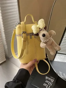 Women Fashion PU Leather Crossbody Bag Small Square Bag Handbag Casual Cute Puppy Pendant Shoulder Bag