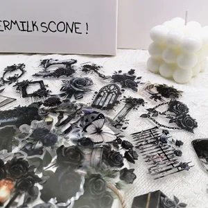 Autocollants roses noires gothique esthetique impermeable PET pour telephone journal 50pcs