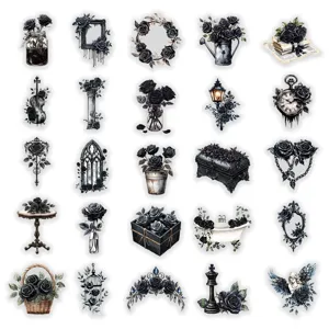 50 Pcs Autocollants Roses Noires Imperméables Gothique PET Stickers pour Journal Téléphone Tasse