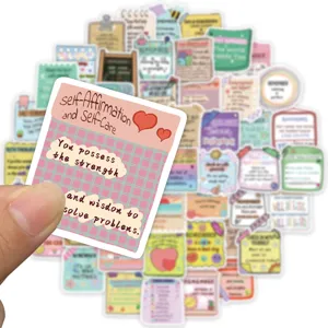 Close-up of mental health inspirational quote waterproof sticker with pink grid background detail.