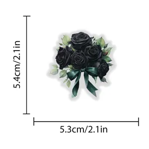 Vue détaillée d'autocollant de rose noire en matériau PET imperméable avec dimensions.