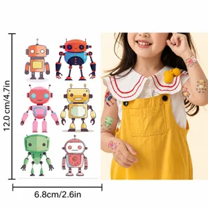 Cartoon robot temporary tattoo stickers size chart detail showing kids arm wearing effect.
