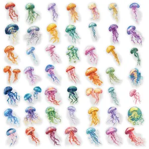 Vue détaillée de autocollants de meduse aquarelle colorés, design translucide PET.
