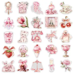 Roze aquarel esthetische stickers set voor DIY knutselen, journaling en laptop decoratie.