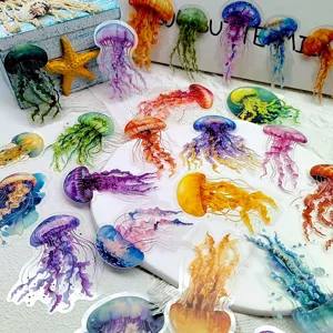 Set d'autocollants transparents colorés de méduse en PET pour scrapbooking et papeterie DIY.