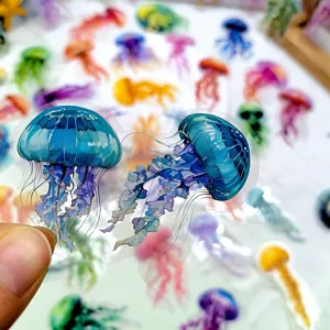 Autocollants PET transparents méduse aquarelle colorée pour journal intime DIY et décoration.