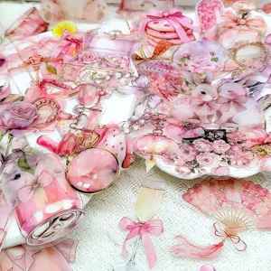 Roze aquarel PET decoratieve stickers set, schattige bloemen en konijnontwerpen voor knutselen.