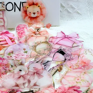 Roze pastel PET stickers detailweergave, schattige decoratieve stickers voor dagboek en knutselen.