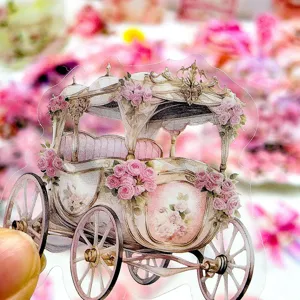 Close-up detail van vintage koets PET sticker met roze rozen voor handwerk en decoratie.