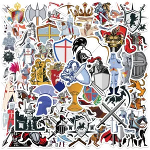 Autocollants de Chevalier Médiéval Stickers en Vinyle Imperméables Armure Rétro Bouclier Épée Pack pour Ordinateur Portable Bouteille d'Eau Bagages