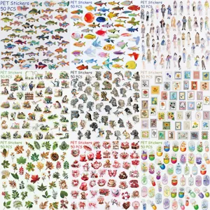 Detailed view of various PET transparent waterproof sticker packs, multiple theme designs.