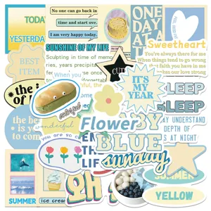 Aesthetic blue yellow sticker pack detail view showing cute cartoon DIY phone case decals.