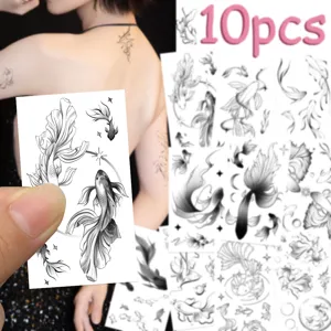 Detailed view of ink style goldfish temporary tattoo sheets showing fine lines and body placement.