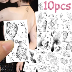 Detail view of 10pcs ink style fish temporary tattoo stickers for body art and party.