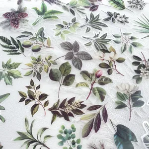 Detailed view of transparent botanical stickers featuring various green leaves and plant elements.