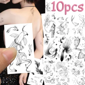Detail shot of ink style fish temporary tattoo stickers, showing fine line and monochrome design.