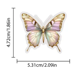 Gold foil butterfly PET sticker detail showing size 4.72x5.31cm, waterproof DIY decor.
