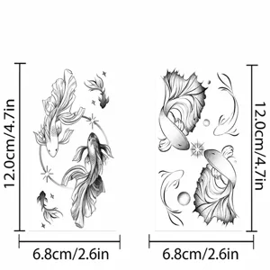 Ink style fish temporary tattoo sticker sheet size specification details and dimensions.