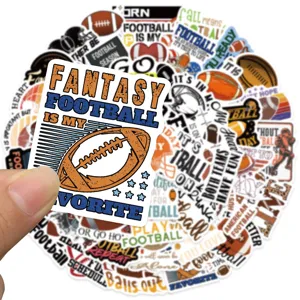Vue détaillée des superbes autocollants de football américain avec slogans et motifs de sport.