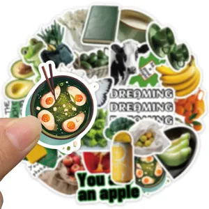 Close-up of green aesthetic sticker pack featuring nature, food, and motivational quotes.