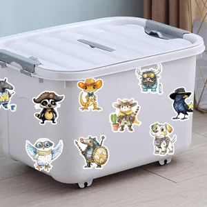 Detail shot showcasing cute cartoon animal waterproof stickers applied on a storage box.