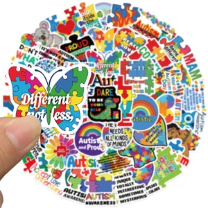 Vista dettagliata di adesivi colorati sull'autismo con citazioni motivazionali e puzzle.