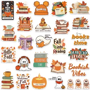 Detailed view of autumn bookish stickers featuring cute reading ghosts and pumpkins.