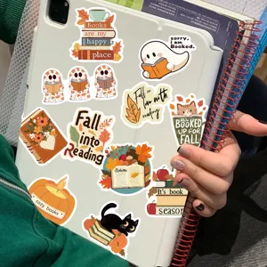 Autumn bookish stickers detail showing cute reading designs, books and autumn elements for decor.