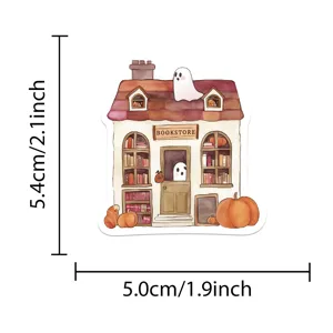 Fall bookish sticker with ghost and bookstore illustration, perfect for laptop and decor.