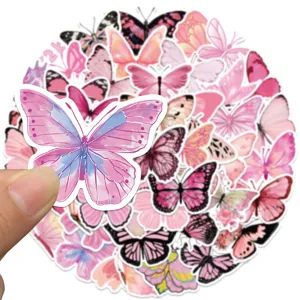 Waterproof pink butterfly stickers aesthetic cute decals for journal laptop cup 50pcs