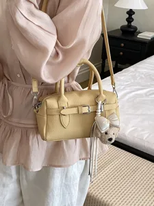 Borsa a mano gialla con motivo litchi da donna, borsa boston elegante per la stagione estiva.