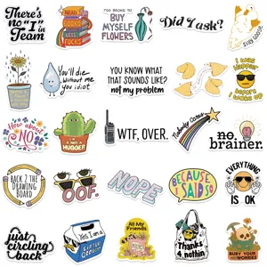 Detailed view of sarcastic cartoon sticker pack, waterproof vinyl decals for laptop and phone.